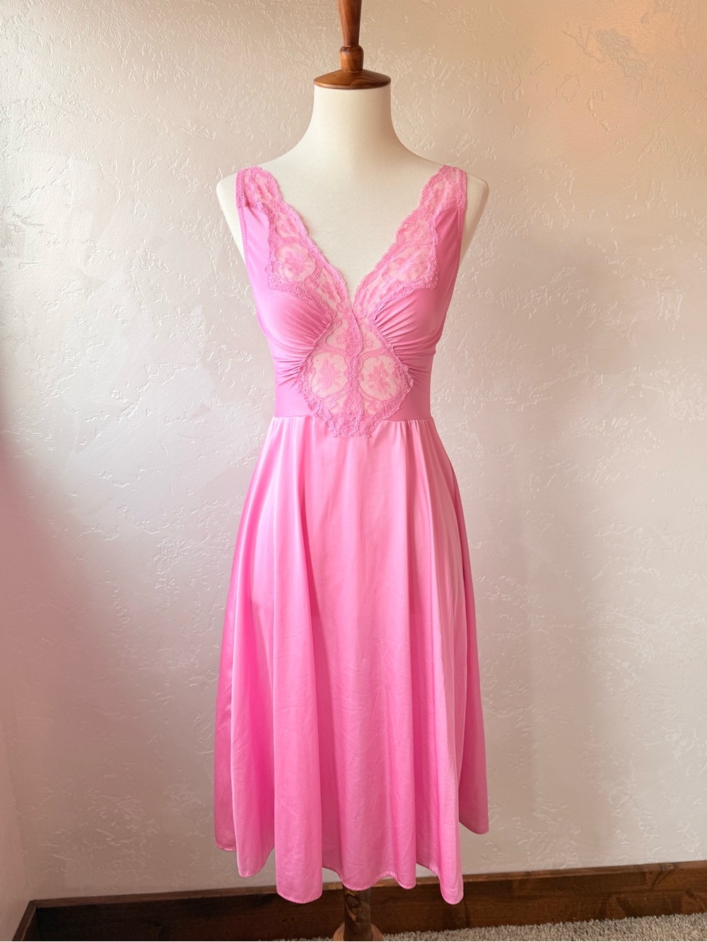 Vintage Olga  Pink Lace Nightgown Small | Midi Length Nylon Slip Dress